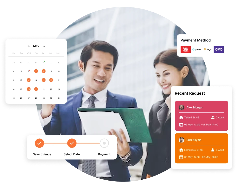 HashMicro Booking and Reservation System dashboard showing online booking management, timeslot scheduling, payments, and reservation analytics