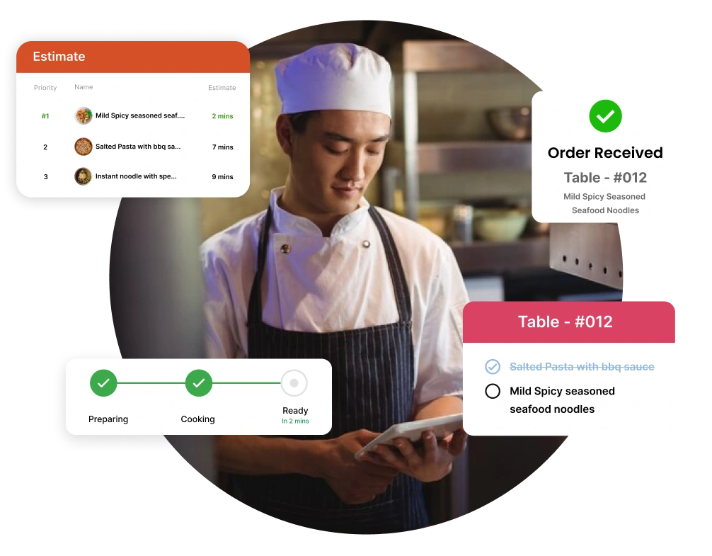 HashMicro Kitchen Display System screen showing incoming orders, estimated cooking times, and automatic order routing to the kitchen