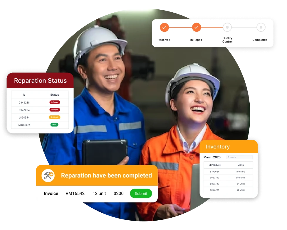 HashMicro Repair Management System dashboard showing repair tickets, work orders, product warranty tracking, and repair analytics