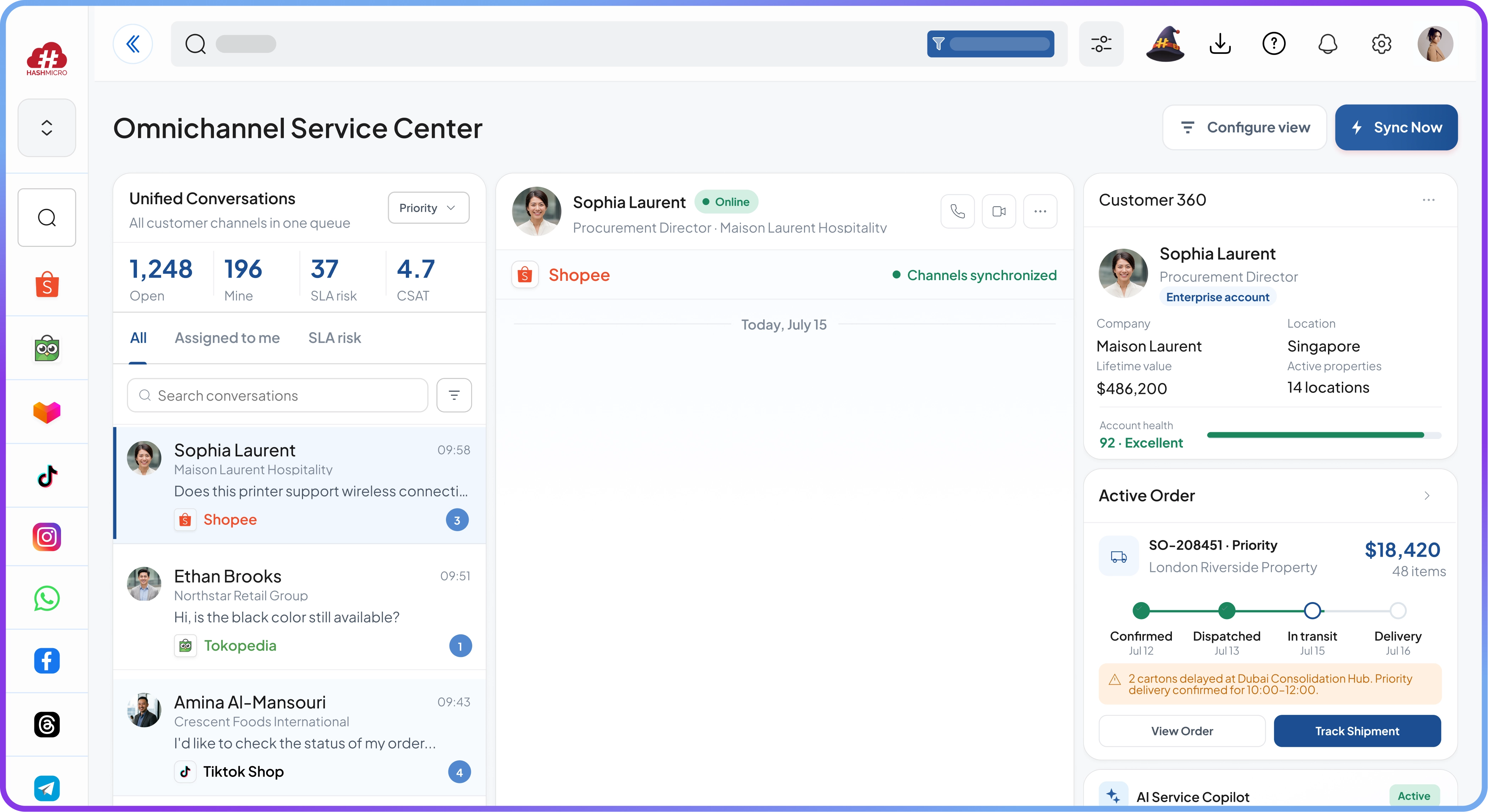 Omnichannel Service Center dashboard with unified inbox, customer context, and AI action recommendations