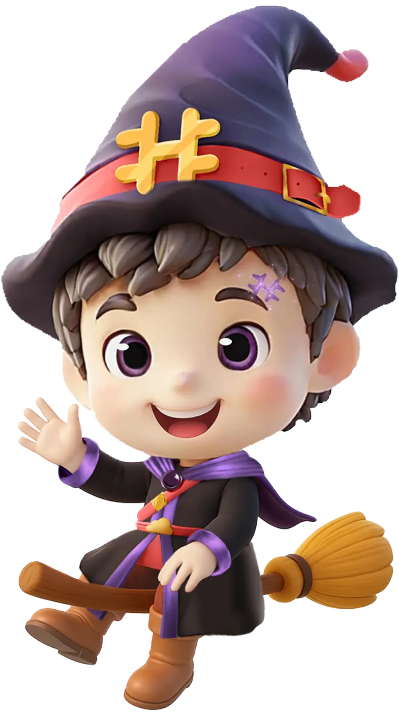 Hashy mascot riding a broom