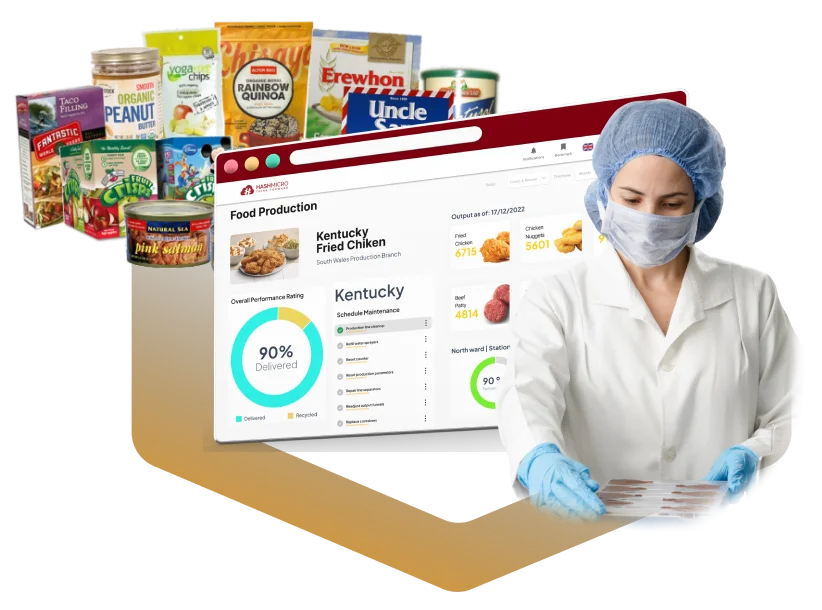 HashMicro Food Manufacturing Software dashboard showing production scheduling, inventory tracking, and real-time factory activity