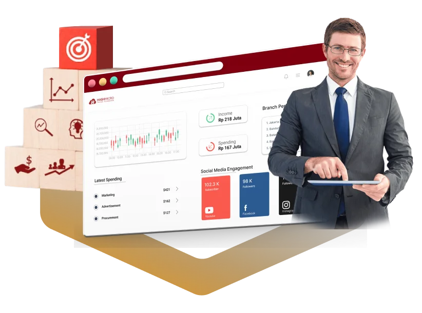 HashMicro startup management software dashboard showing budget planning, ROI tracking, and business analytics