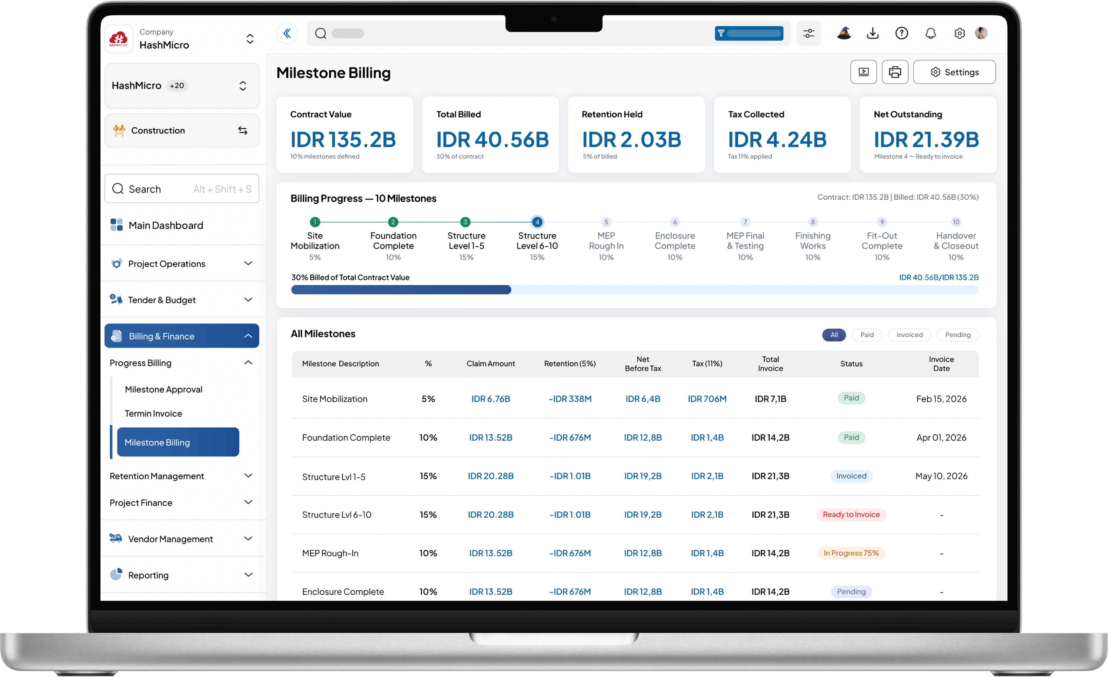 Dashboard sistem construction HashMicro untuk Milestone-Based Progress Billing
