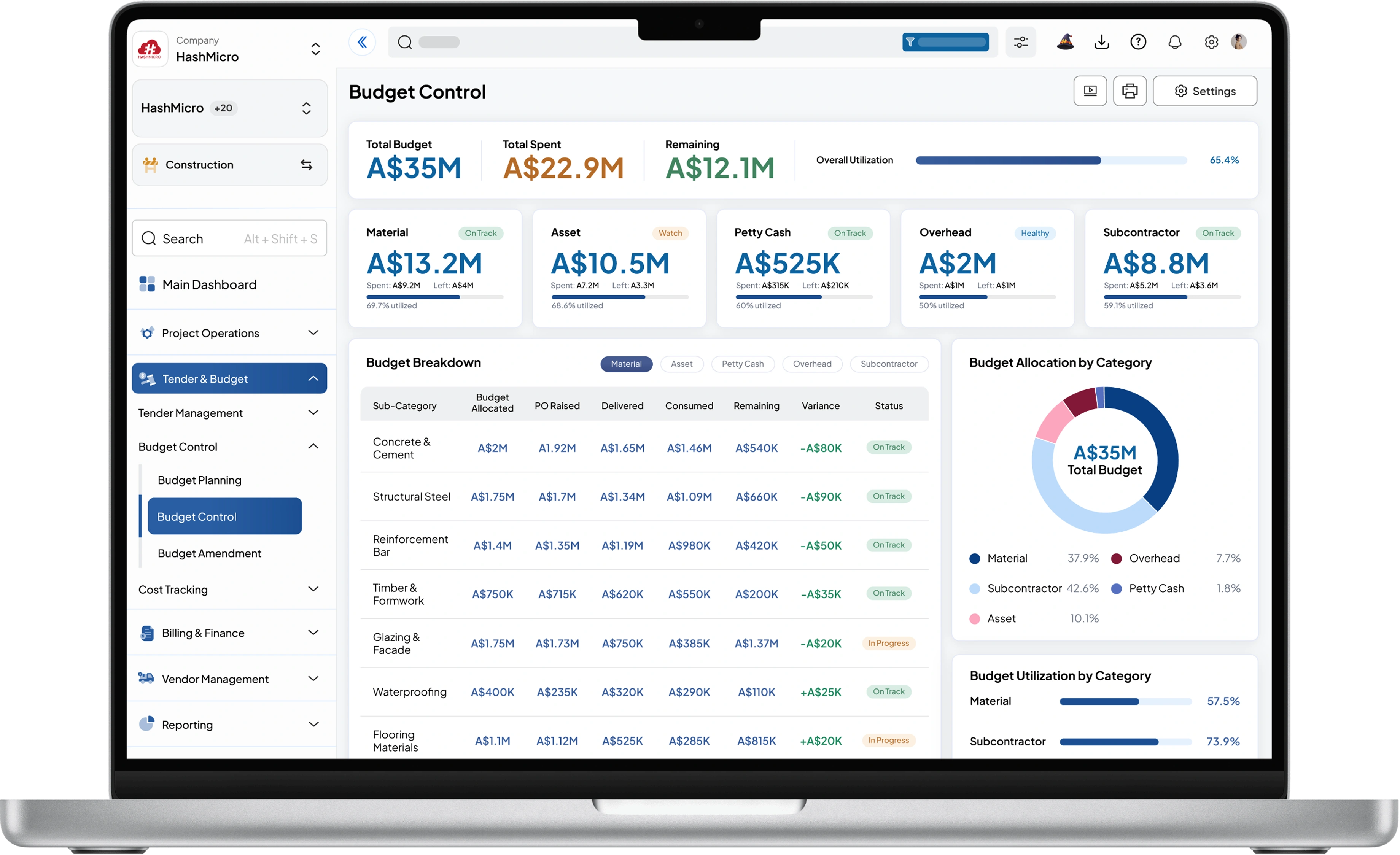 construction dashboard HashMicro for Multi-Category Project Budgeting