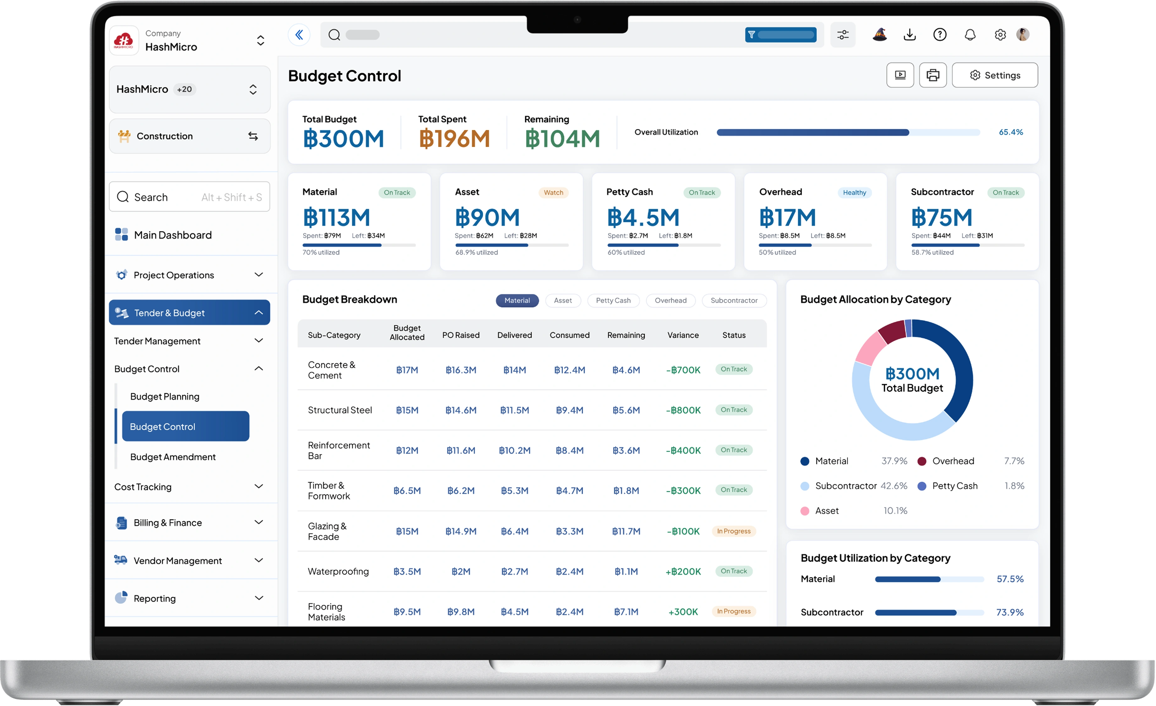 แดชบอร์ดซอฟต์แวร์ก่อสร้างของ HashMicro สำหรับ Multi-Category Project Budgeting