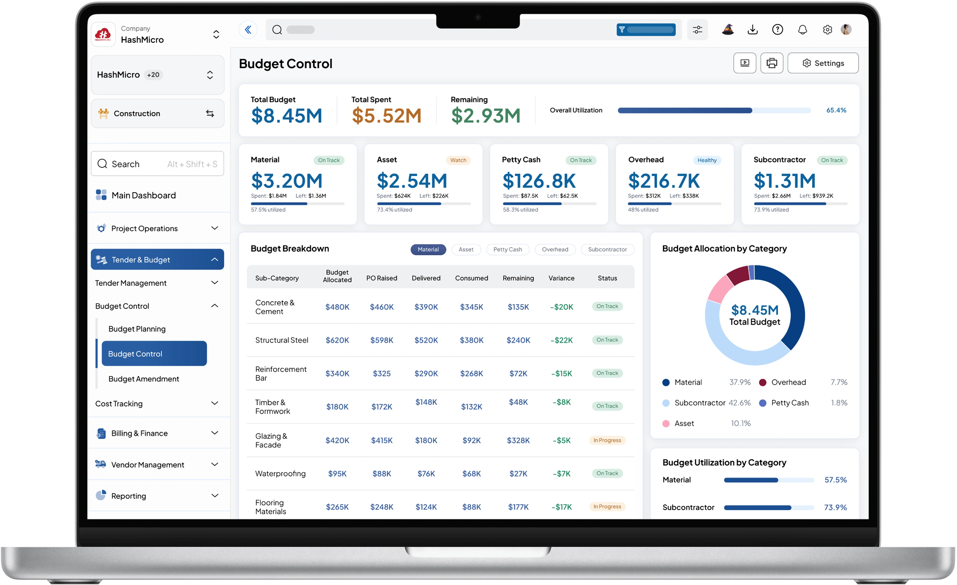 construction dashboard HashMicro for Multi-Category Project Budgeting